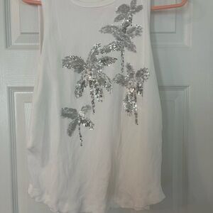 Chic White Tank Top with Silver Sequin Palm Design